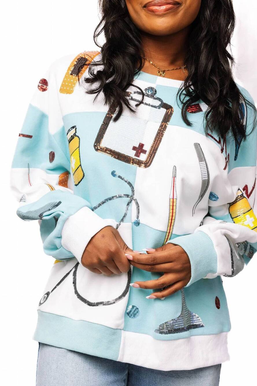 NEW QUEEN OF SPARKLES checkered medical instrument icon sweatshirt in light blue